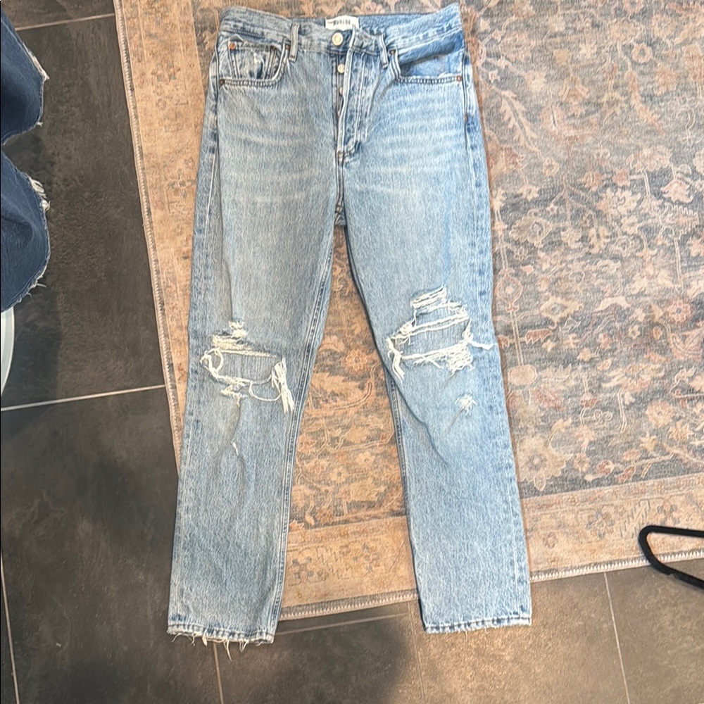 Agolde Light Blue Distressed Straight Leg Jeans